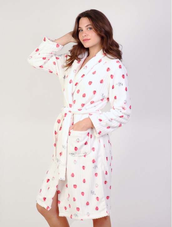 Strawberry Print Flannel House Robe W/ Pockets